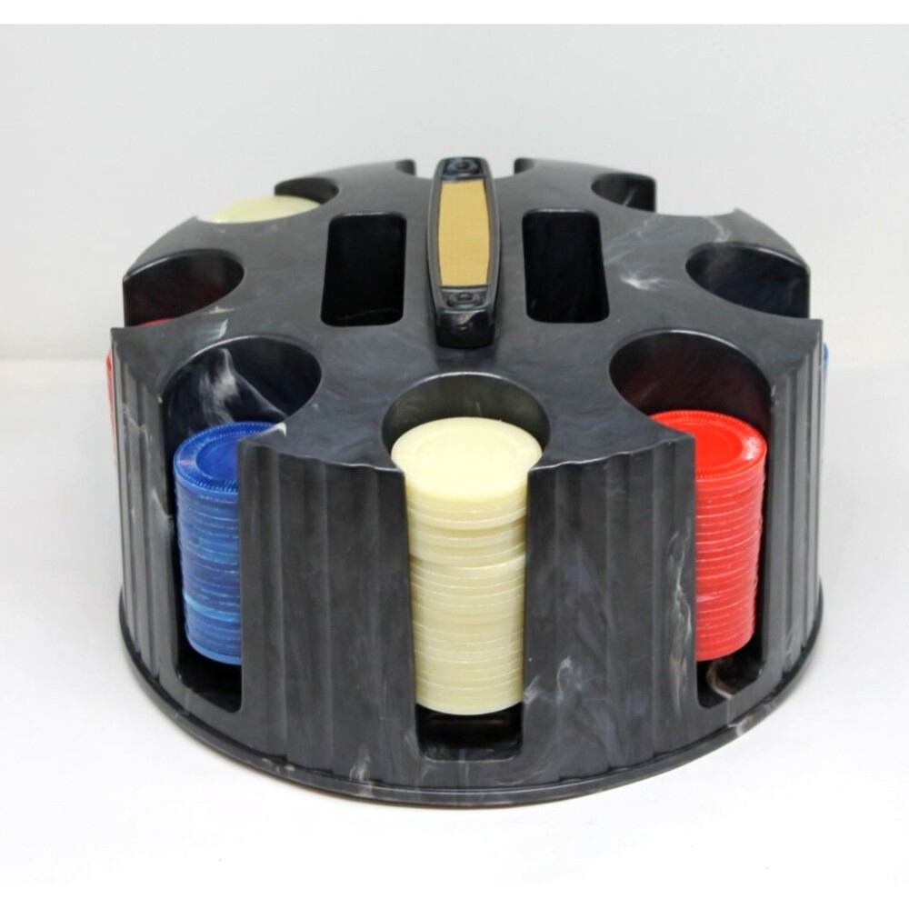 Vtg Pleasantime Revolving Poker Chip Rack Carousel Multi Color Chips w/Box